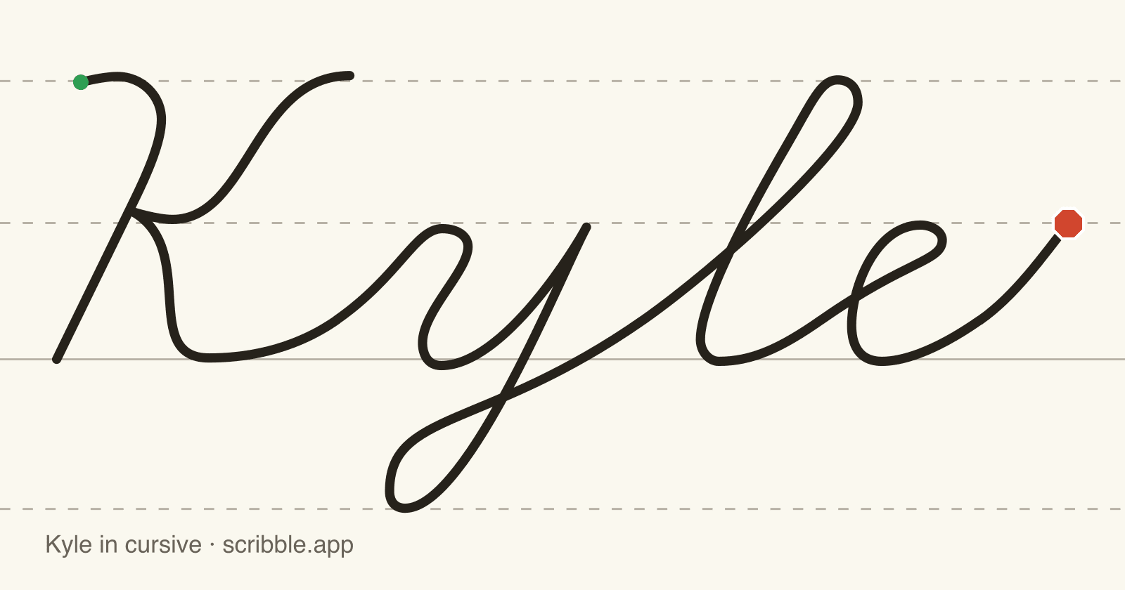 Kyle written in cursive on handwriting guidelines, with a green starting dot and a red stop sign