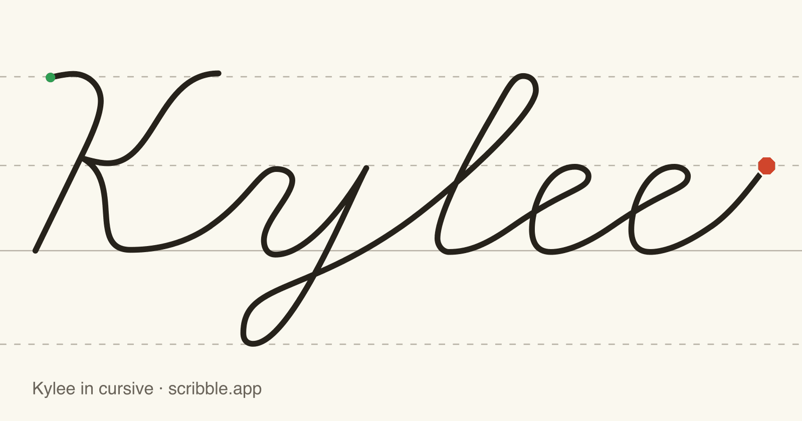 Kylee written in cursive on handwriting guidelines, with a green starting dot and a red stop sign
