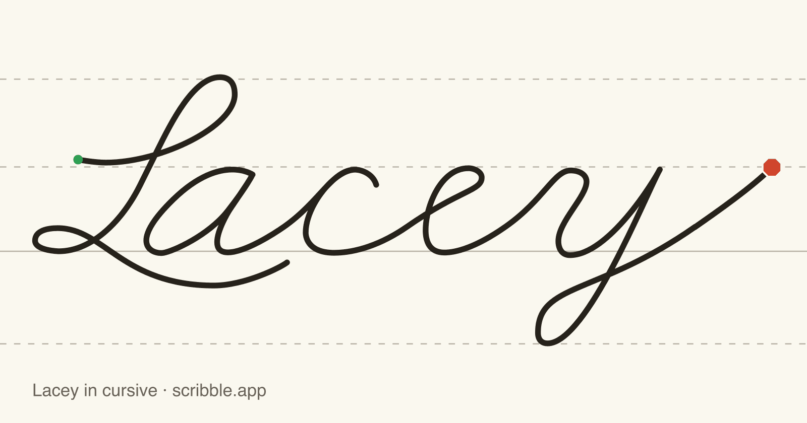 Lacey written in cursive on handwriting guidelines, with a green starting dot and a red stop sign