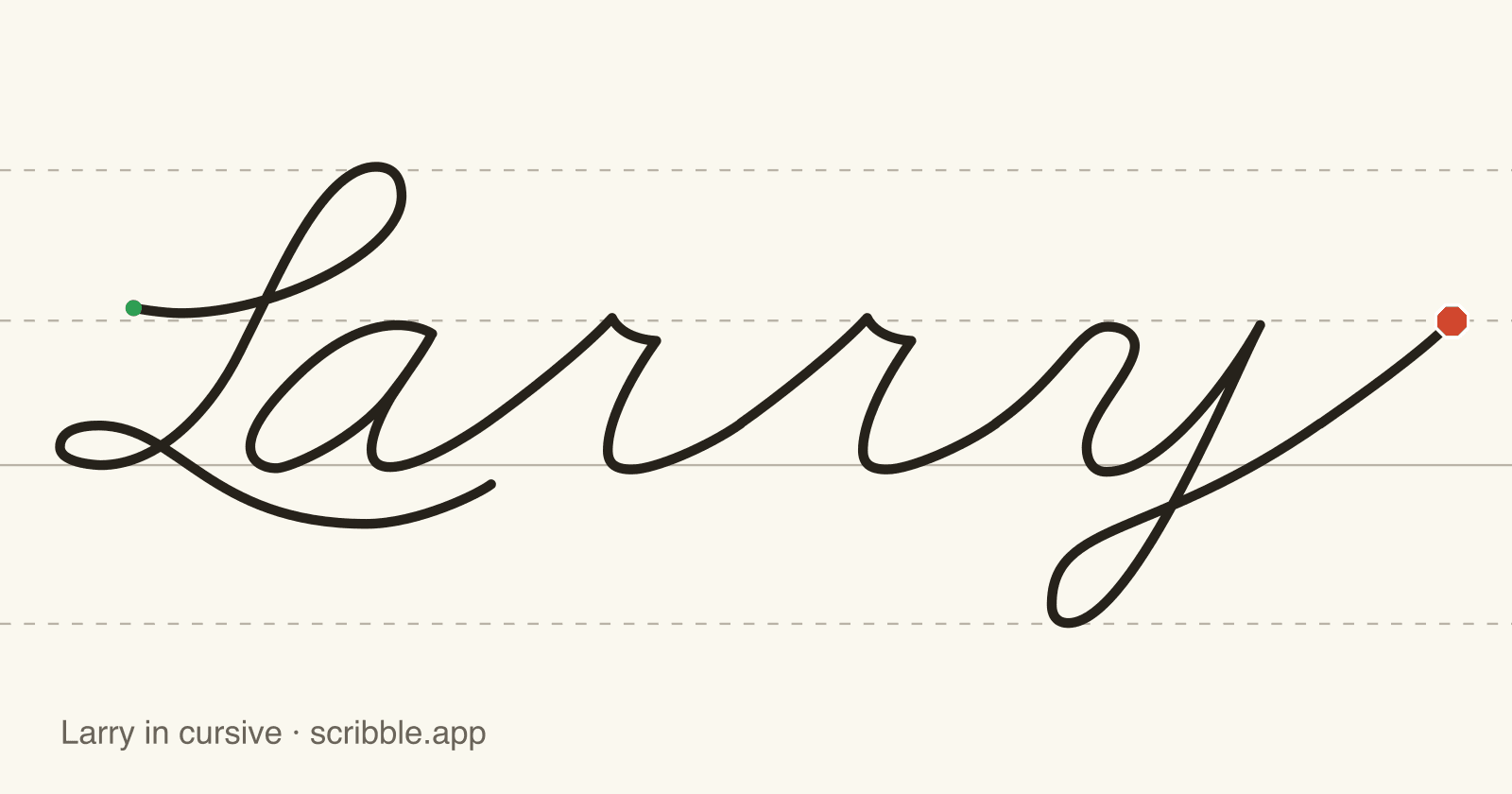 Larry written in cursive on handwriting guidelines, with a green starting dot and a red stop sign