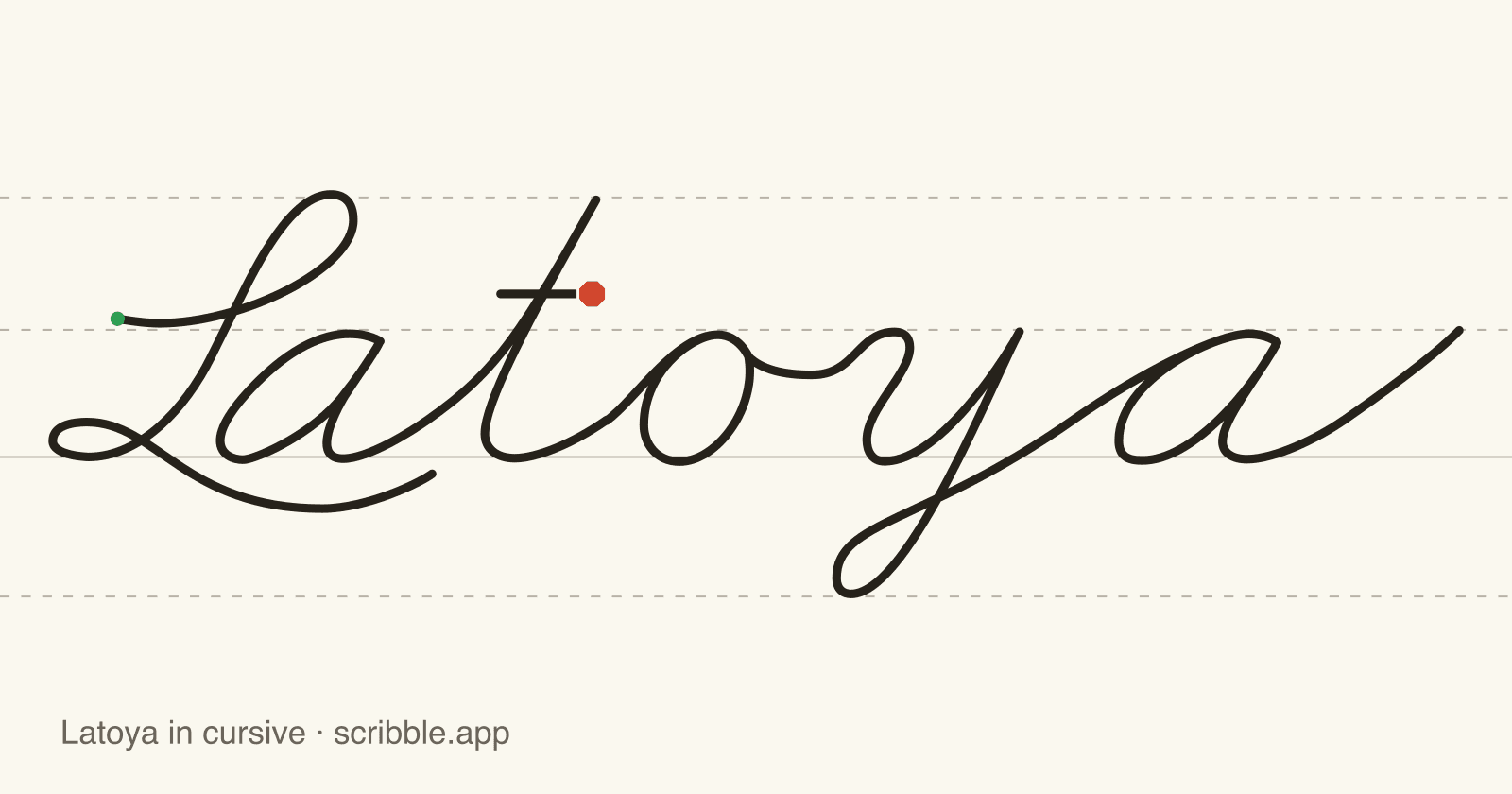 Latoya written in cursive on handwriting guidelines, with a green starting dot and a red stop sign
