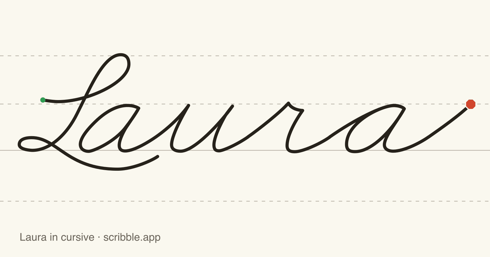 Laura written in cursive on handwriting guidelines, with a green starting dot and a red stop sign