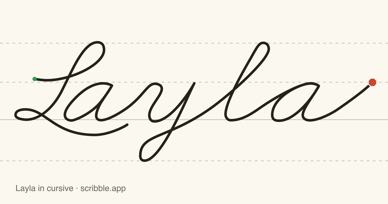 Layla written in cursive on handwriting guidelines, with a green starting dot and a red stop sign