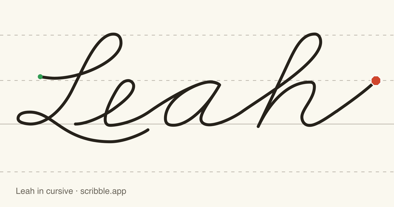 Leah written in cursive on handwriting guidelines, with a green starting dot and a red stop sign