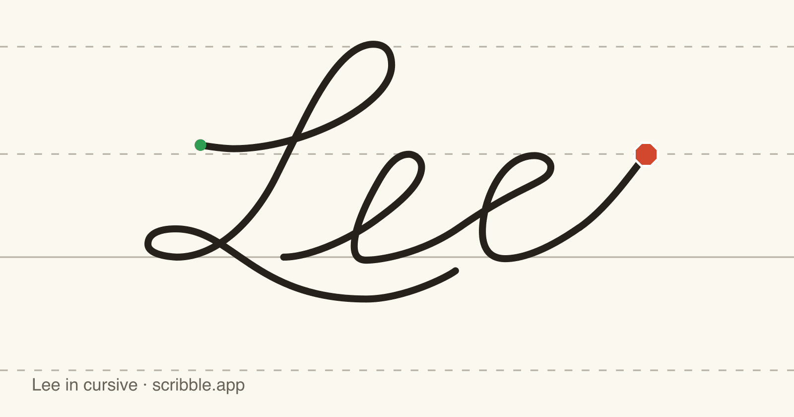 Lee written in cursive on handwriting guidelines, with a green starting dot and a red stop sign