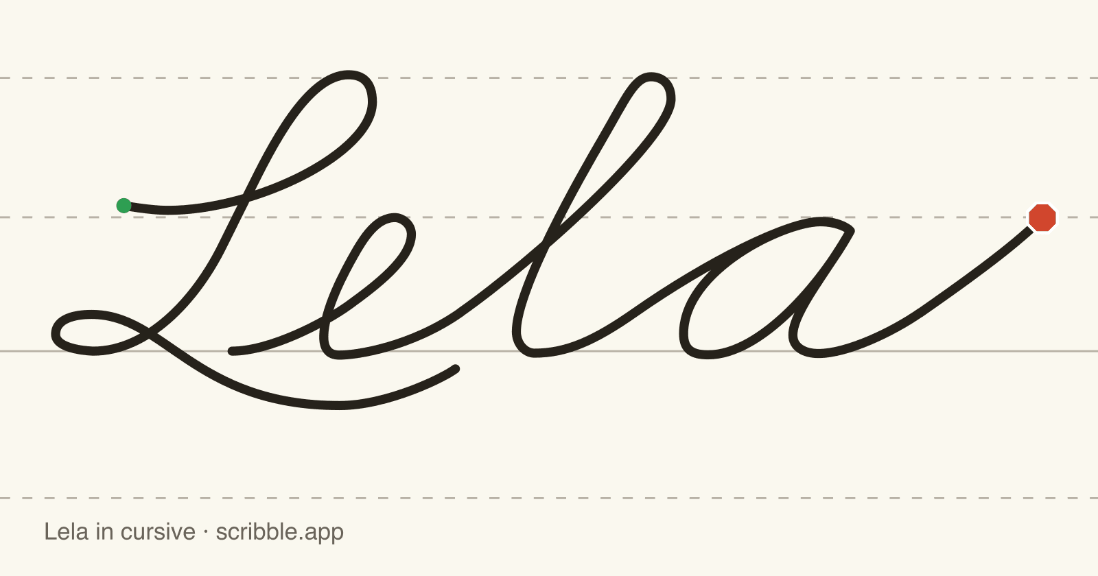 Lela written in cursive on handwriting guidelines, with a green starting dot and a red stop sign