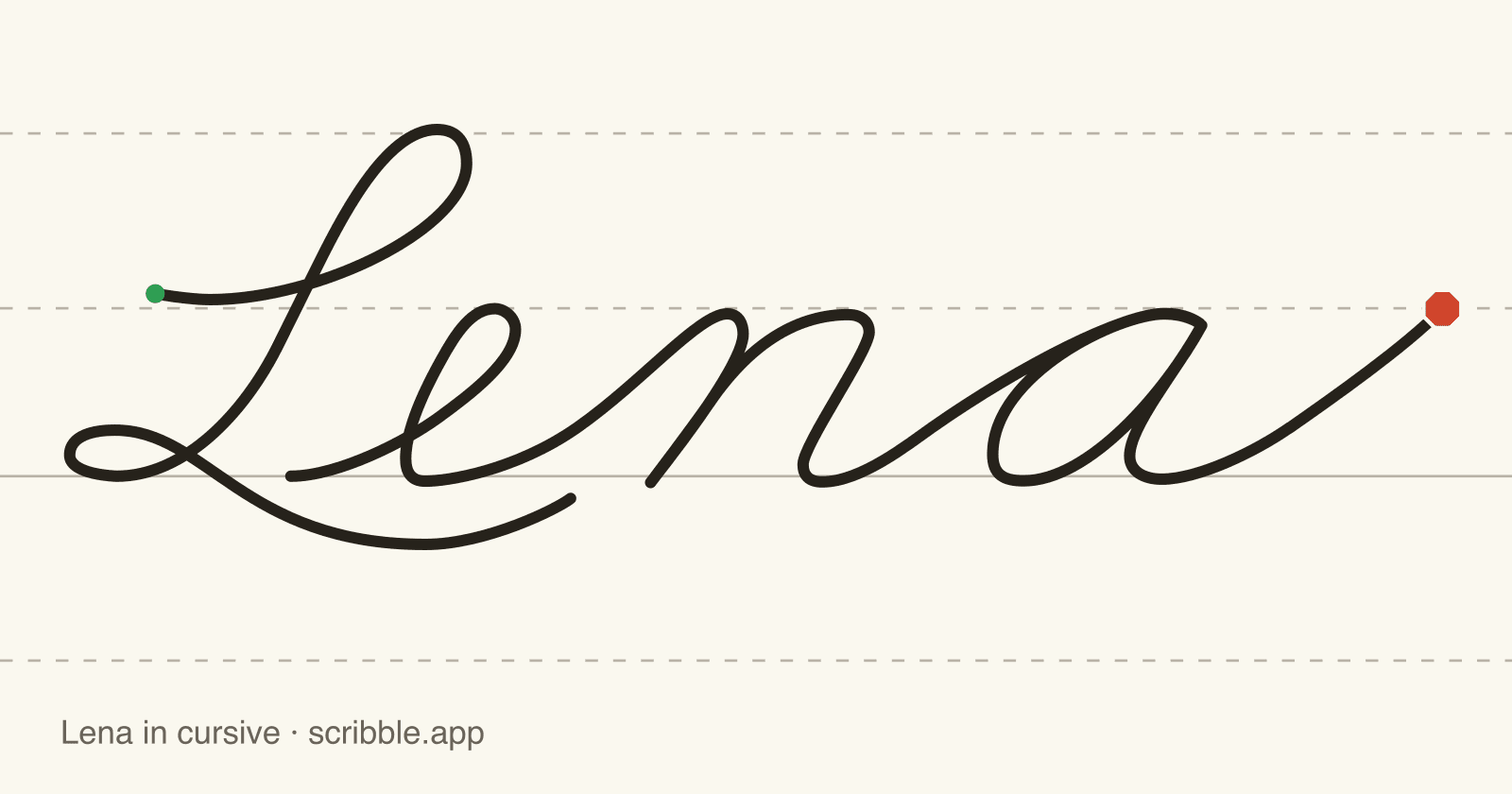 Lena written in cursive on handwriting guidelines, with a green starting dot and a red stop sign