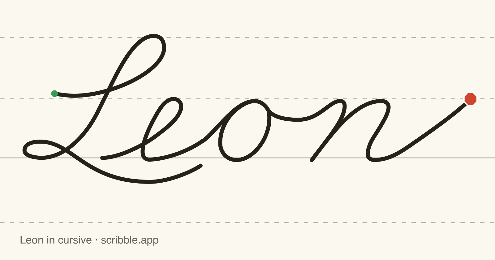 Leon written in cursive on handwriting guidelines, with a green starting dot and a red stop sign