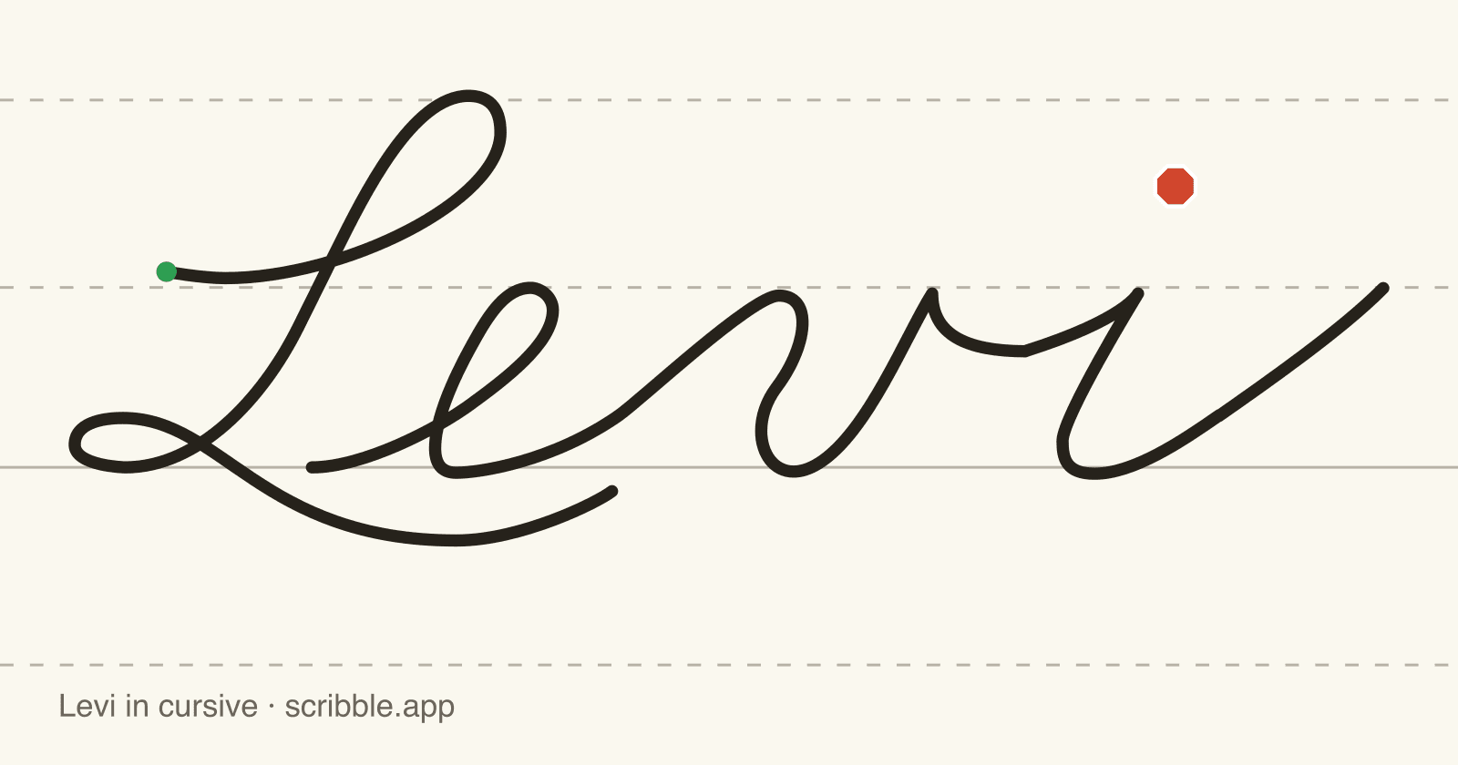 Levi written in cursive on handwriting guidelines, with a green starting dot and a red stop sign