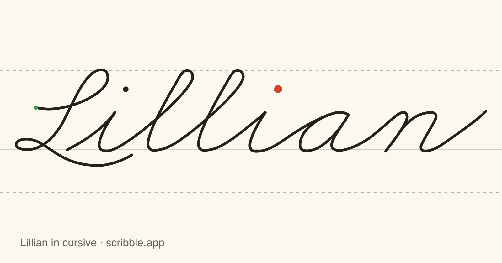 Lillian written in cursive on handwriting guidelines, with a green starting dot and a red stop sign