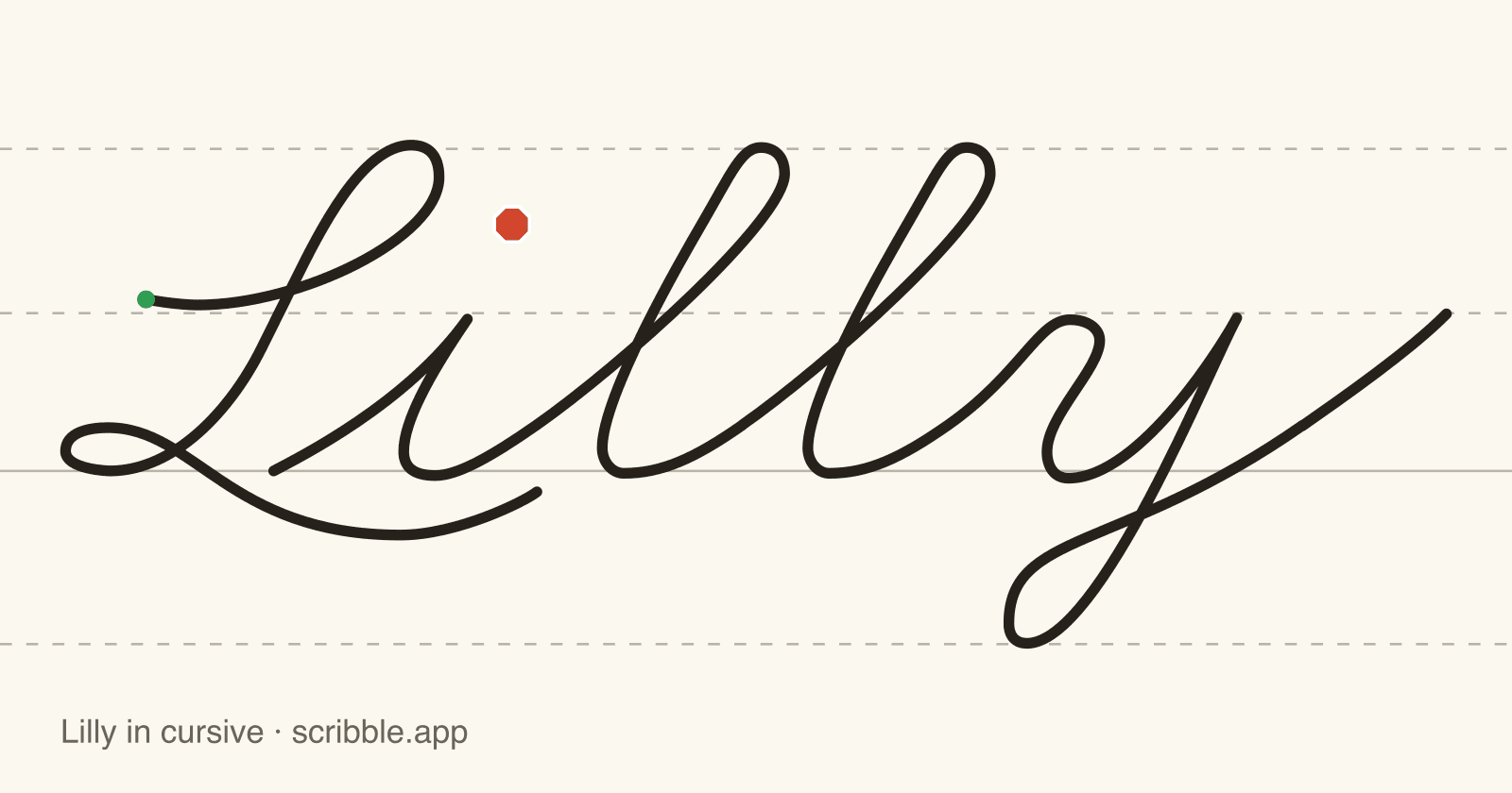 Lilly written in cursive on handwriting guidelines, with a green starting dot and a red stop sign