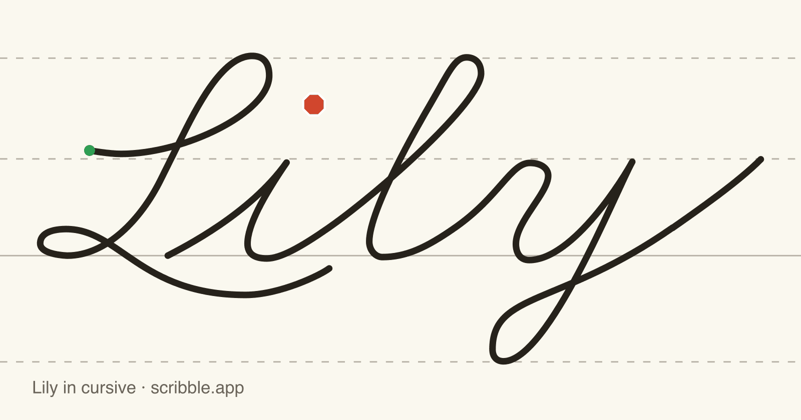 Lily written in cursive on handwriting guidelines, with a green starting dot and a red stop sign