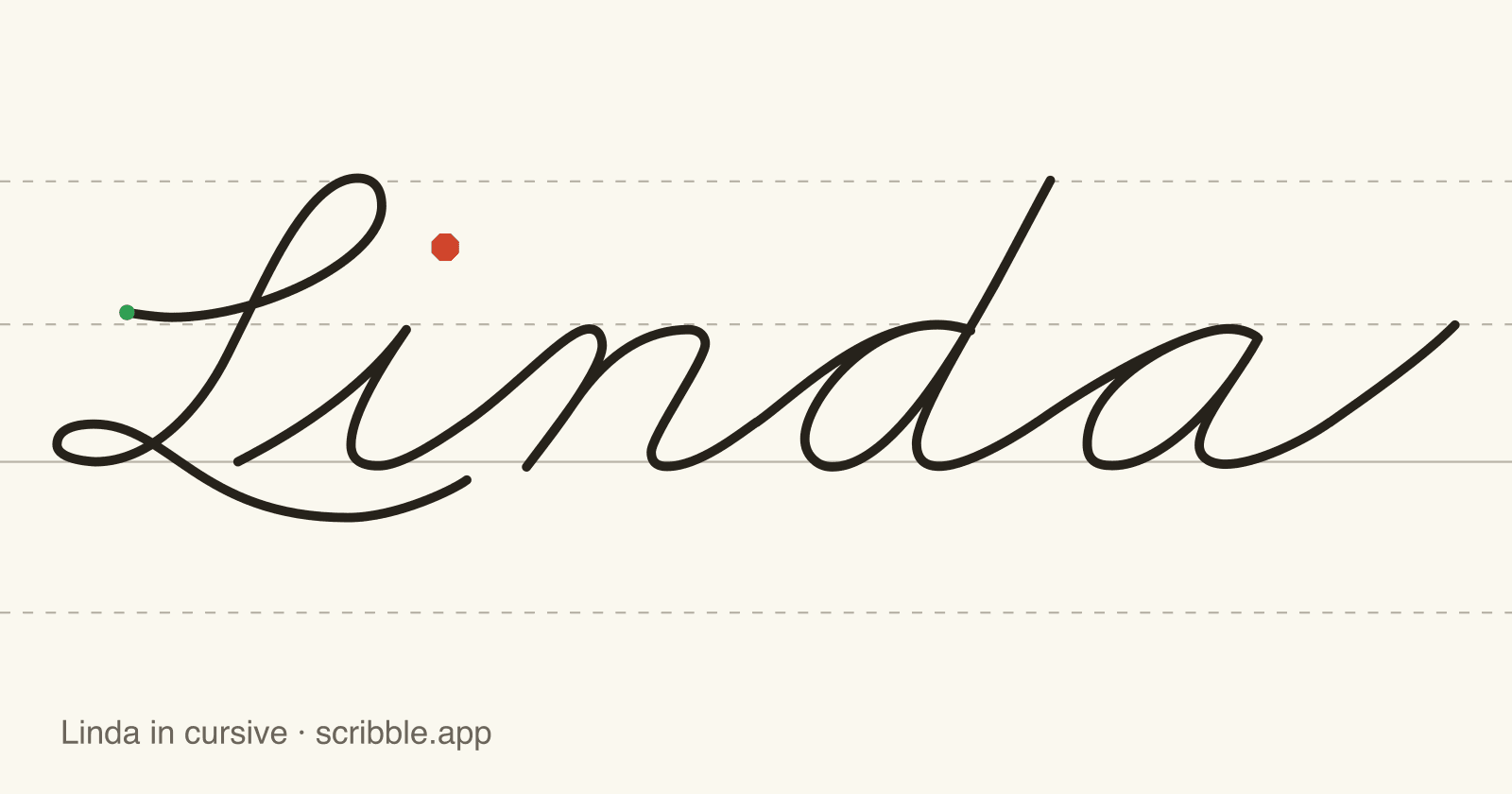 Linda written in cursive on handwriting guidelines, with a green starting dot and a red stop sign