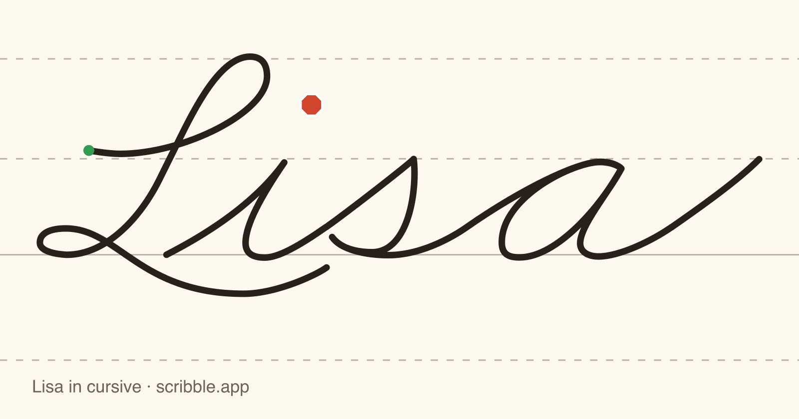 Lisa written in cursive on handwriting guidelines, with a green starting dot and a red stop sign