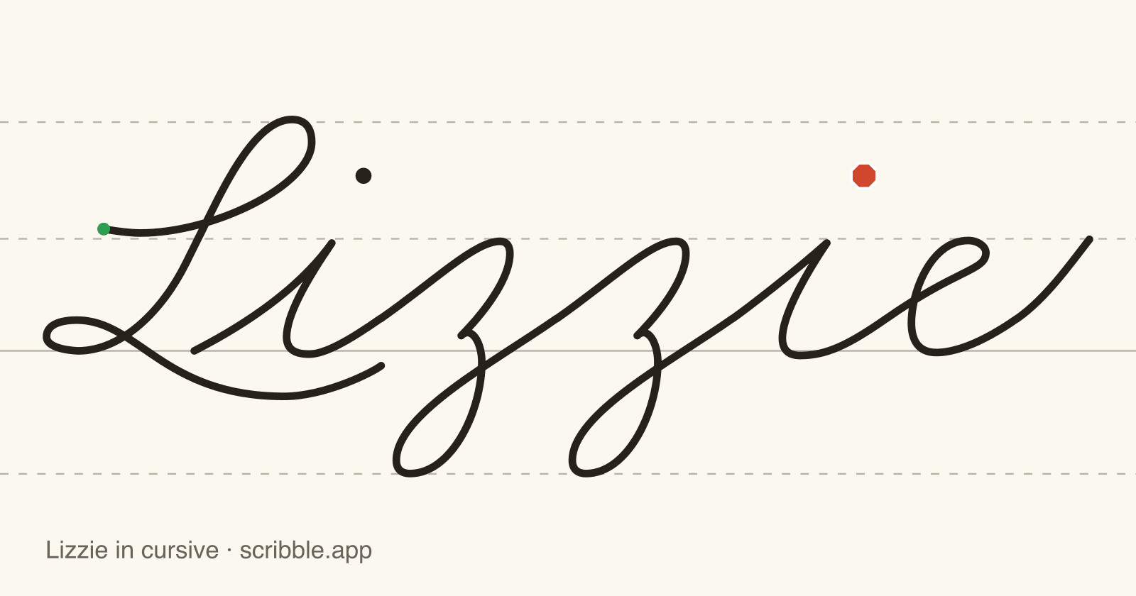 Lizzie written in cursive on handwriting guidelines, with a green starting dot and a red stop sign