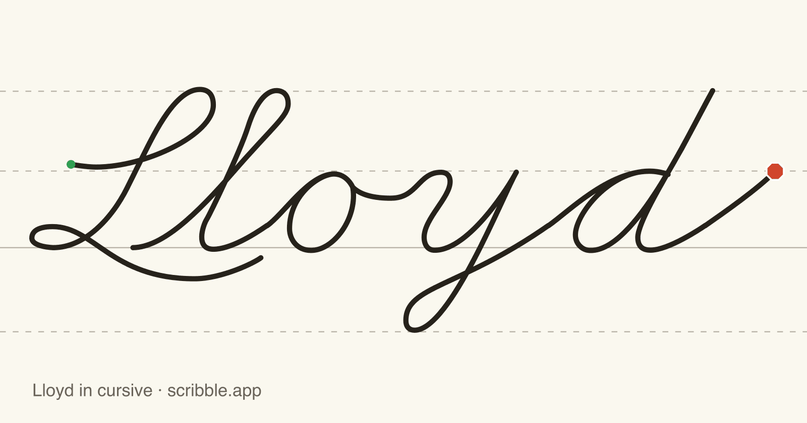 Lloyd written in cursive on handwriting guidelines, with a green starting dot and a red stop sign