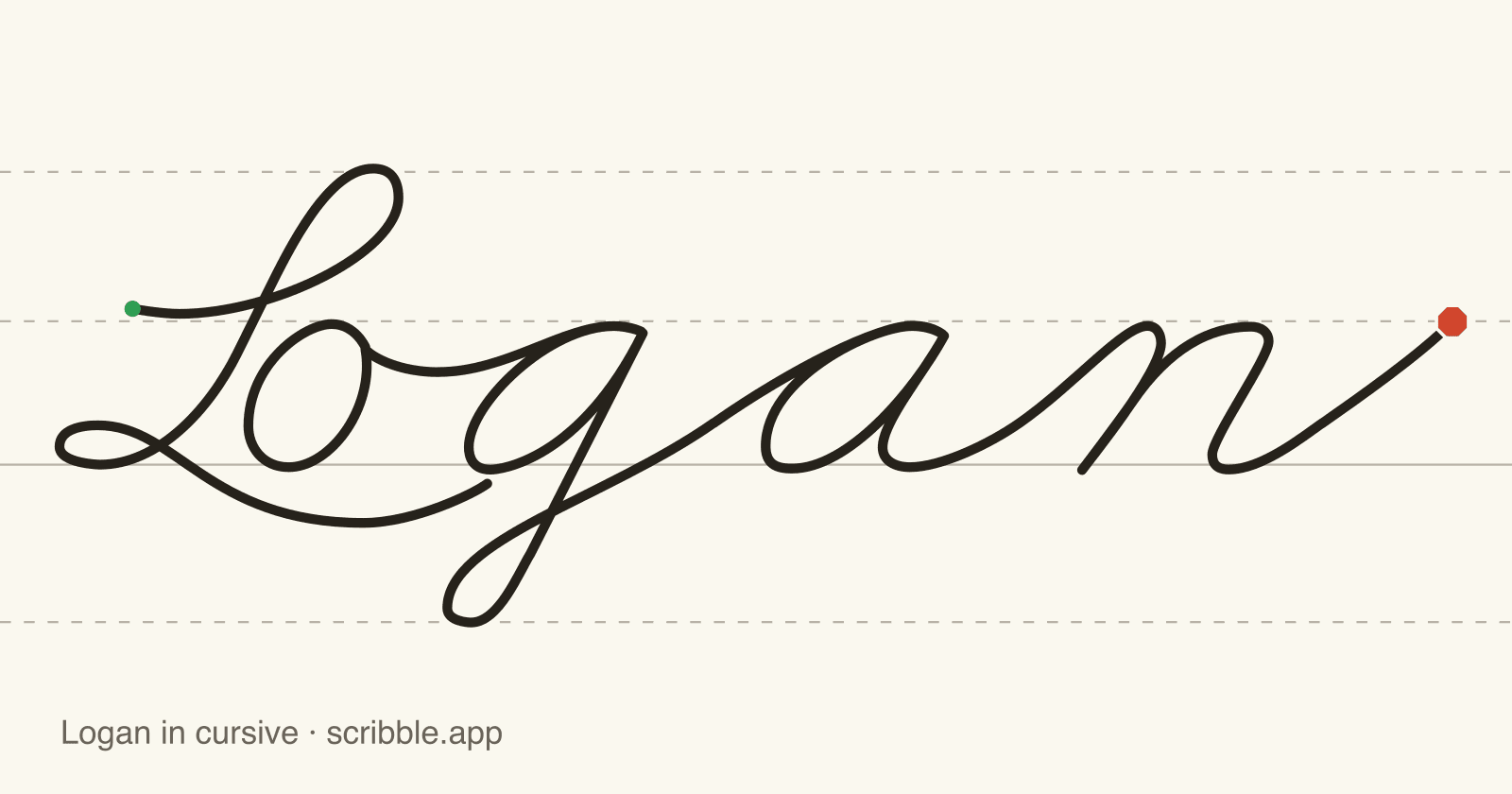 Logan written in cursive on handwriting guidelines, with a green starting dot and a red stop sign