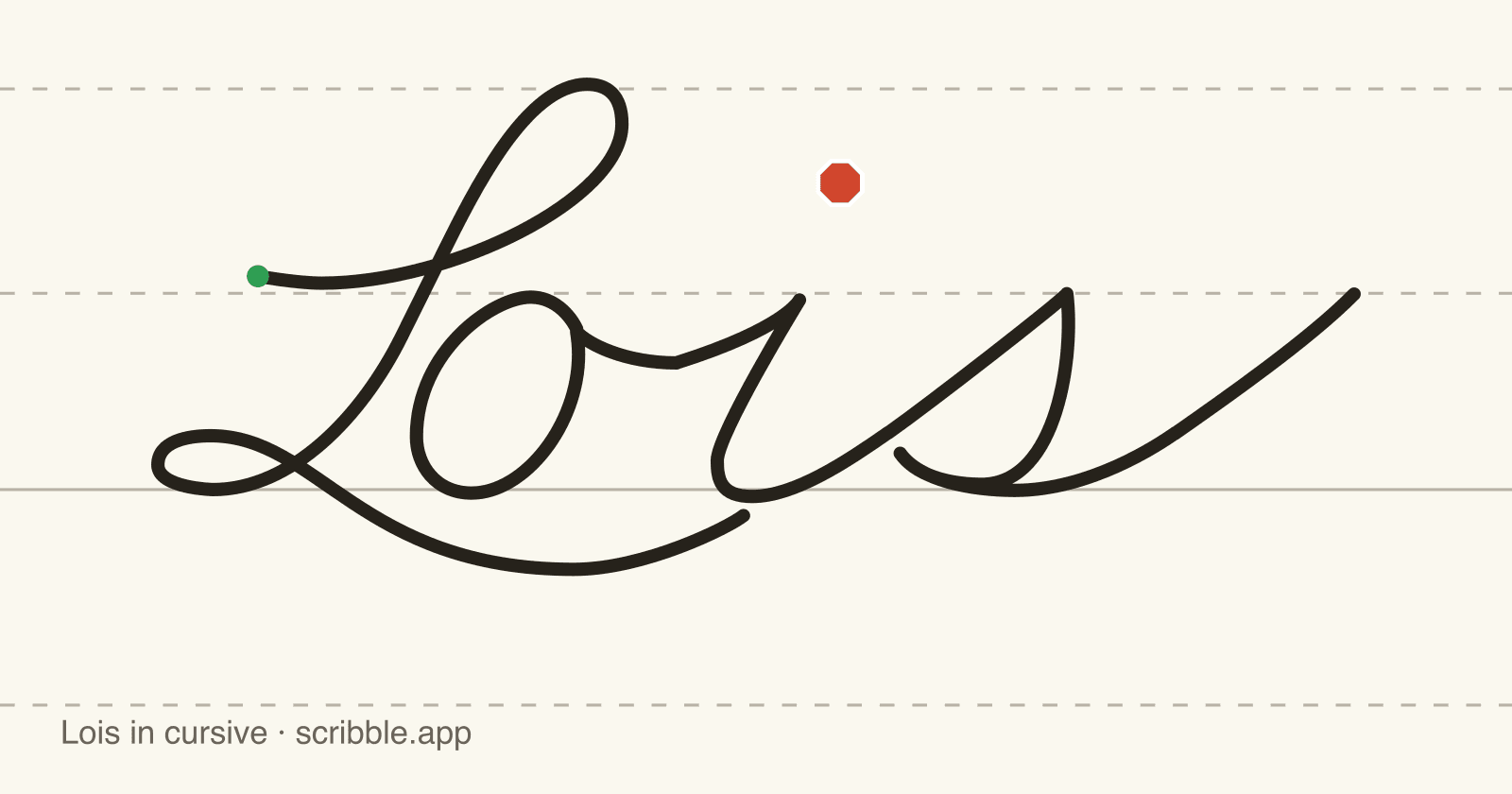 Lois written in cursive on handwriting guidelines, with a green starting dot and a red stop sign