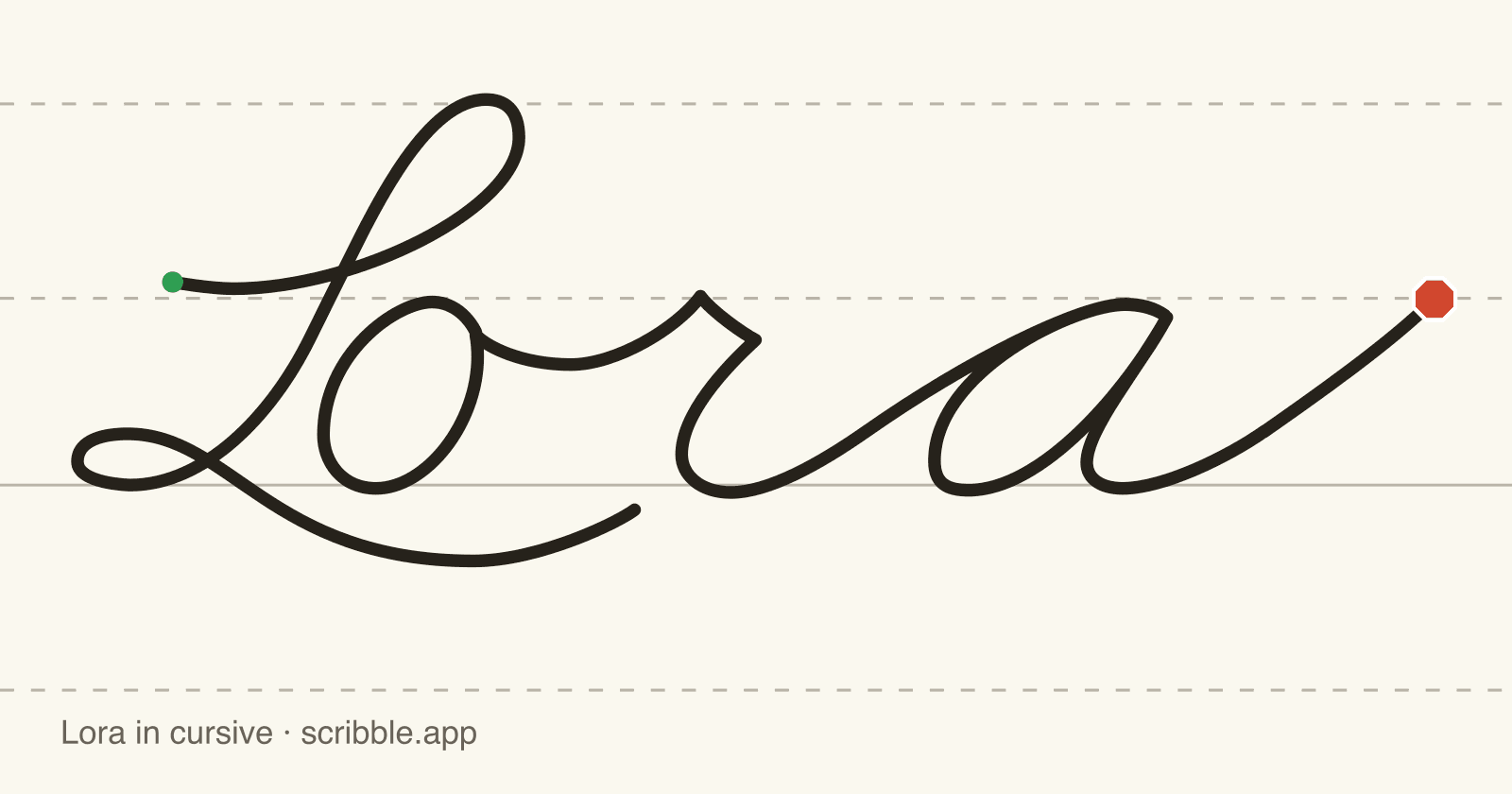 Lora written in cursive on handwriting guidelines, with a green starting dot and a red stop sign