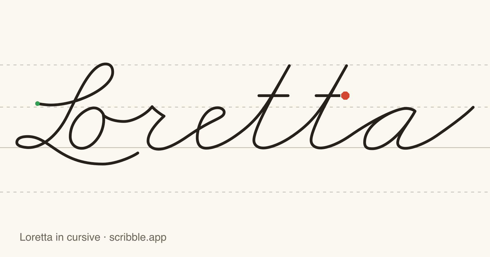 Loretta written in cursive on handwriting guidelines, with a green starting dot and a red stop sign
