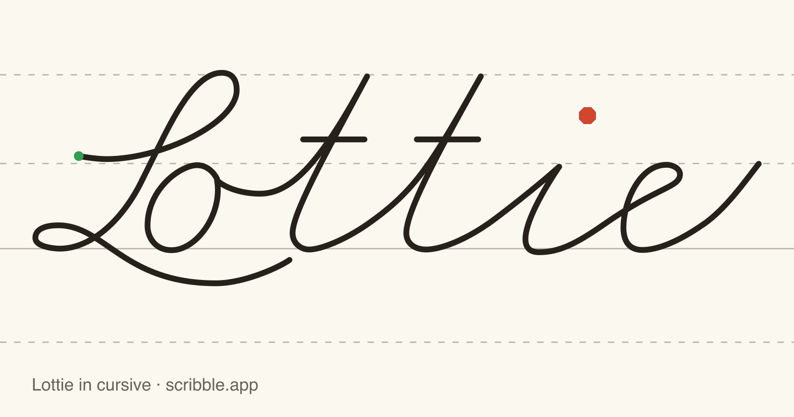 Lottie written in cursive on handwriting guidelines, with a green starting dot and a red stop sign