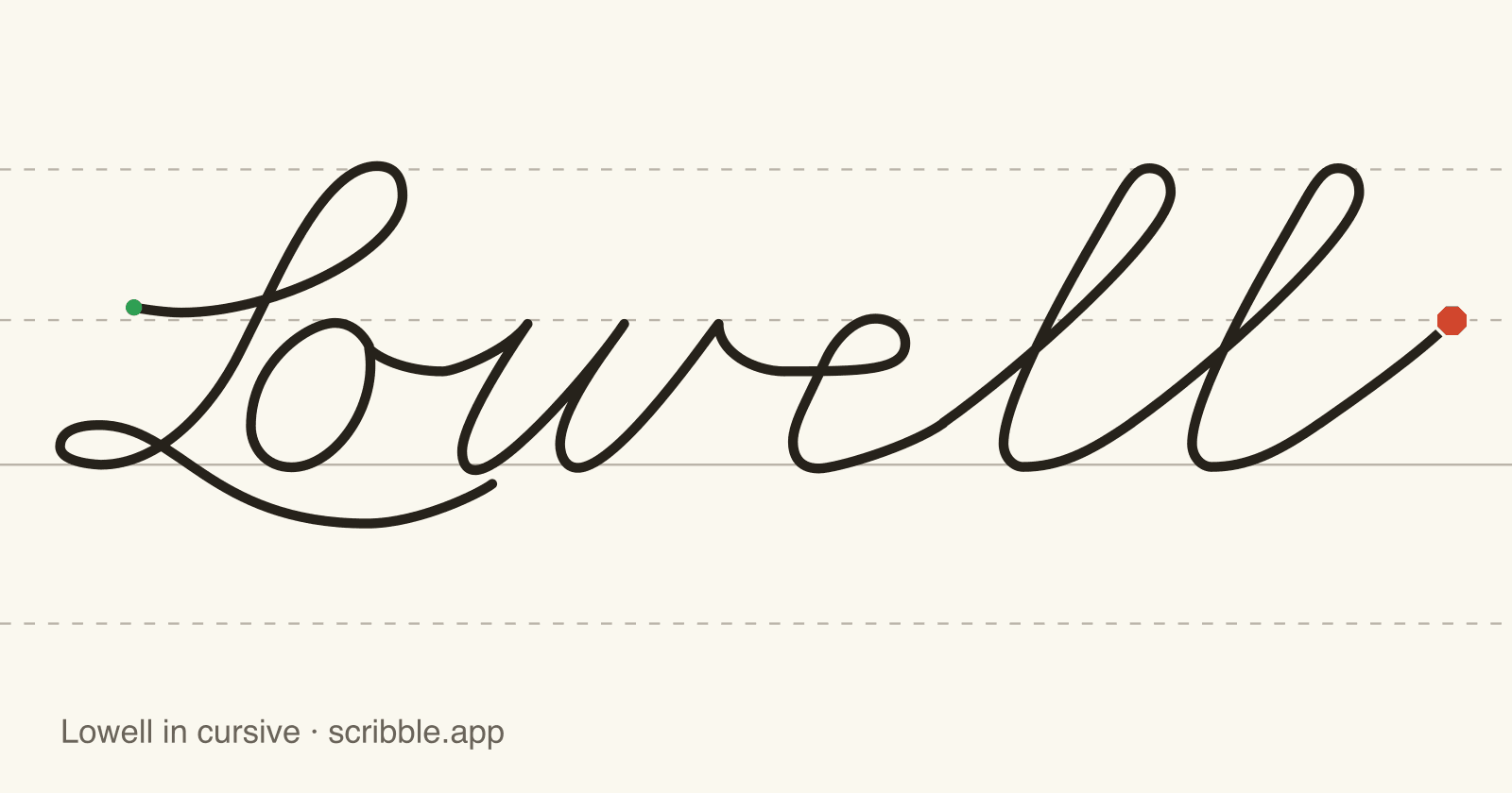 Lowell written in cursive on handwriting guidelines, with a green starting dot and a red stop sign