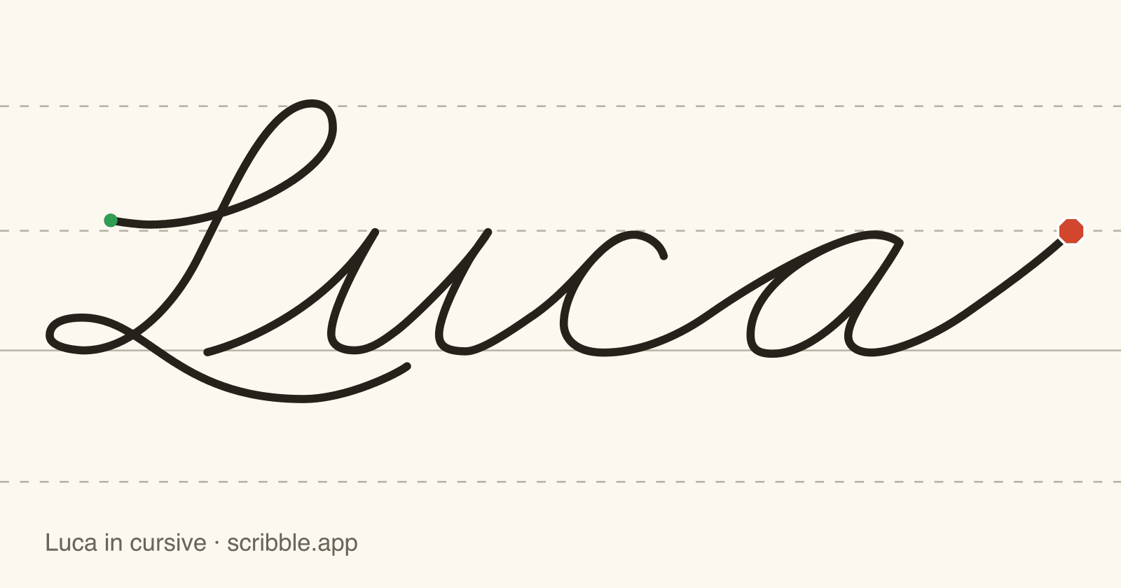 Luca written in cursive on handwriting guidelines, with a green starting dot and a red stop sign
