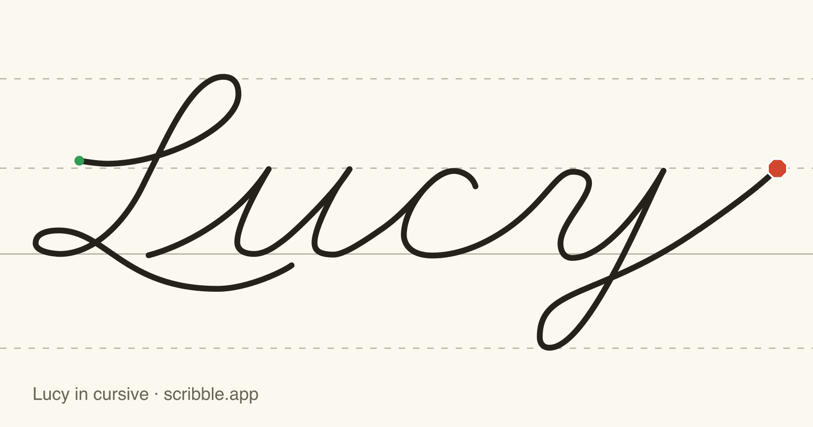 Lucy written in cursive on handwriting guidelines, with a green starting dot and a red stop sign
