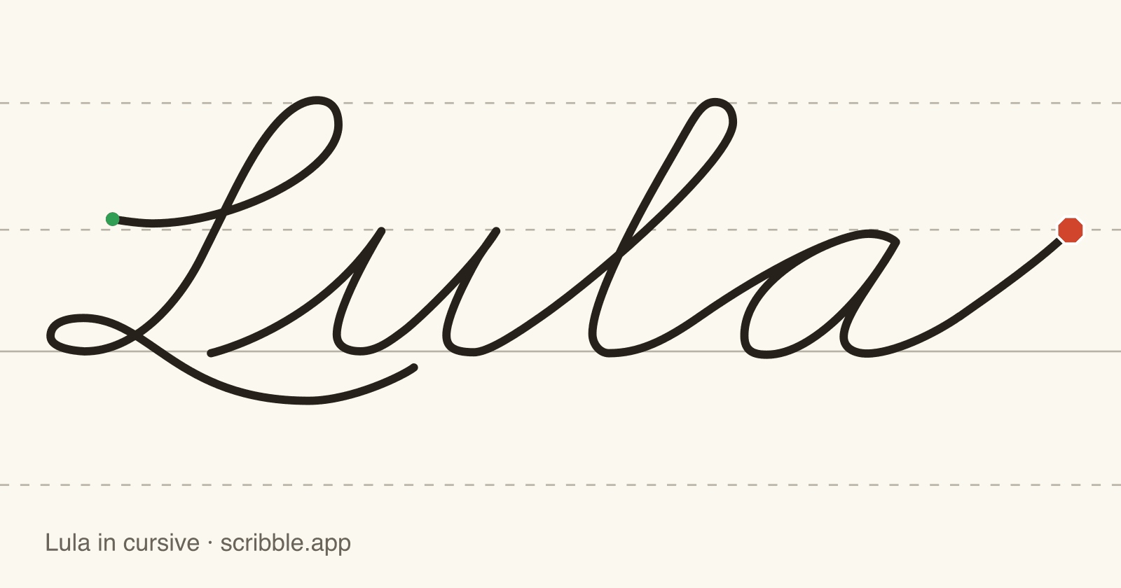 Lula written in cursive on handwriting guidelines, with a green starting dot and a red stop sign