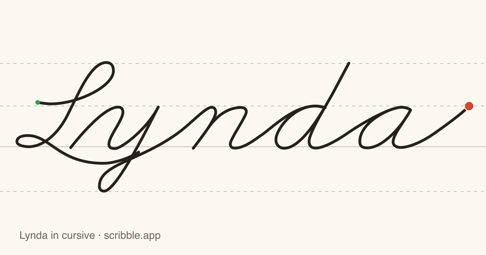 Lynda written in cursive on handwriting guidelines, with a green starting dot and a red stop sign