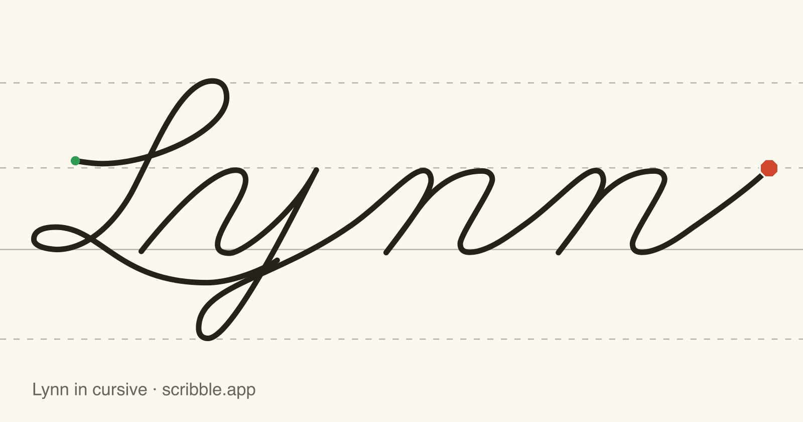 Lynn written in cursive on handwriting guidelines, with a green starting dot and a red stop sign