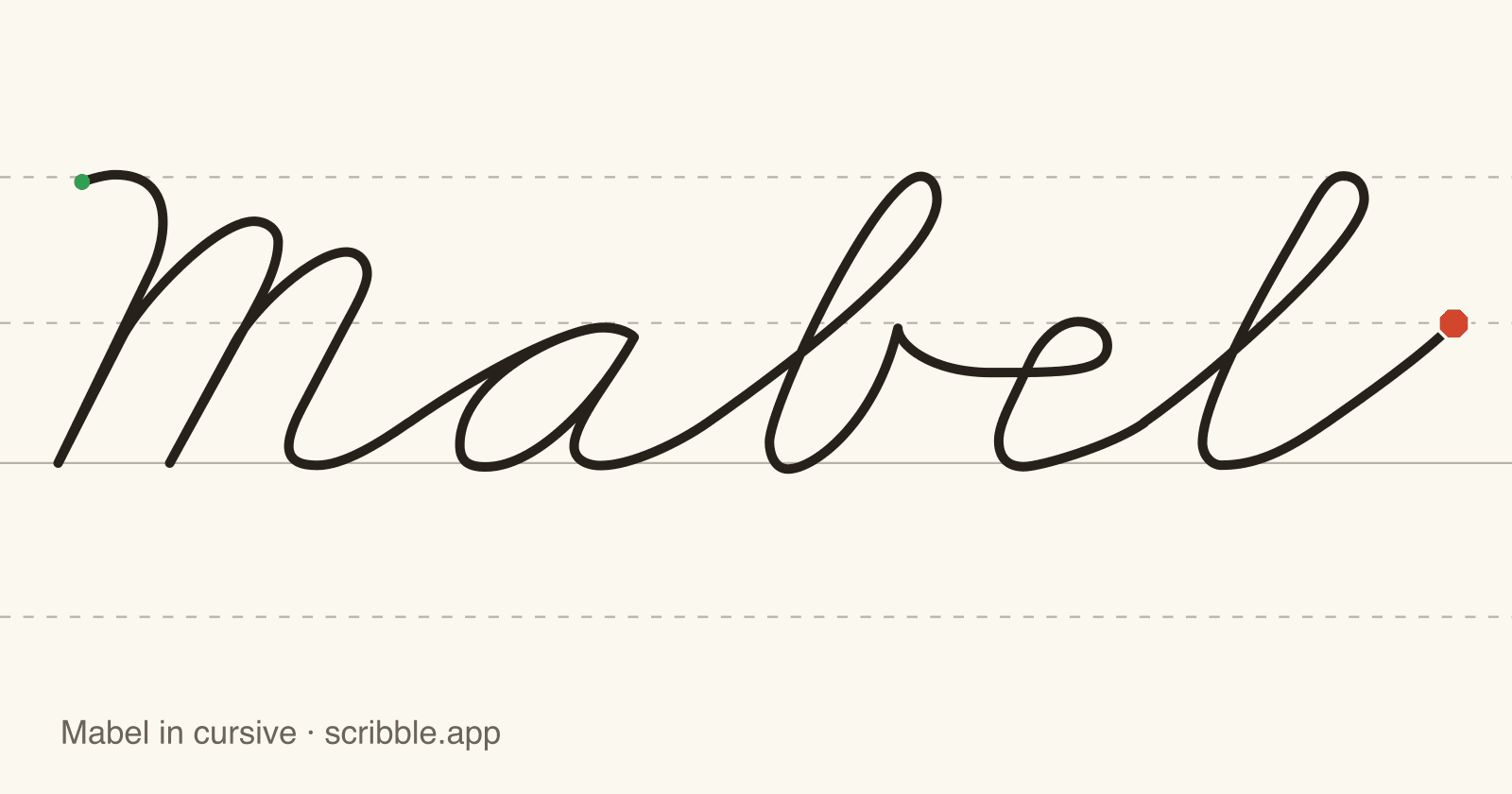 Mabel written in cursive on handwriting guidelines, with a green starting dot and a red stop sign