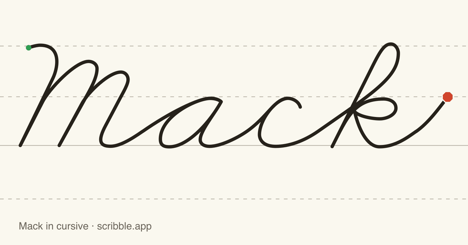 Mack written in cursive on handwriting guidelines, with a green starting dot and a red stop sign