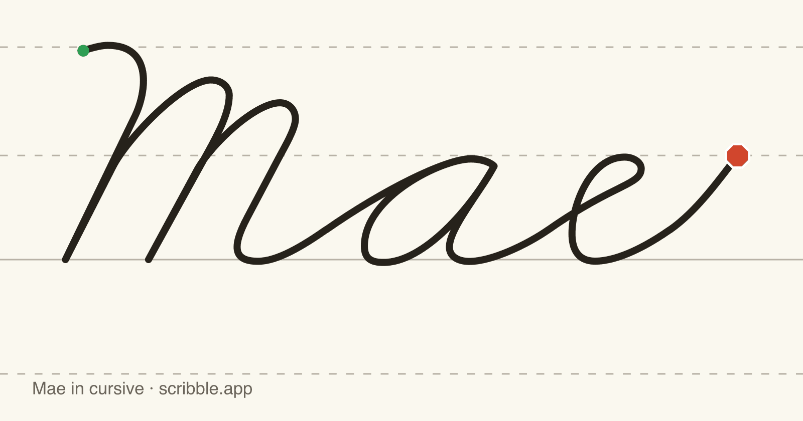 Mae written in cursive on handwriting guidelines, with a green starting dot and a red stop sign