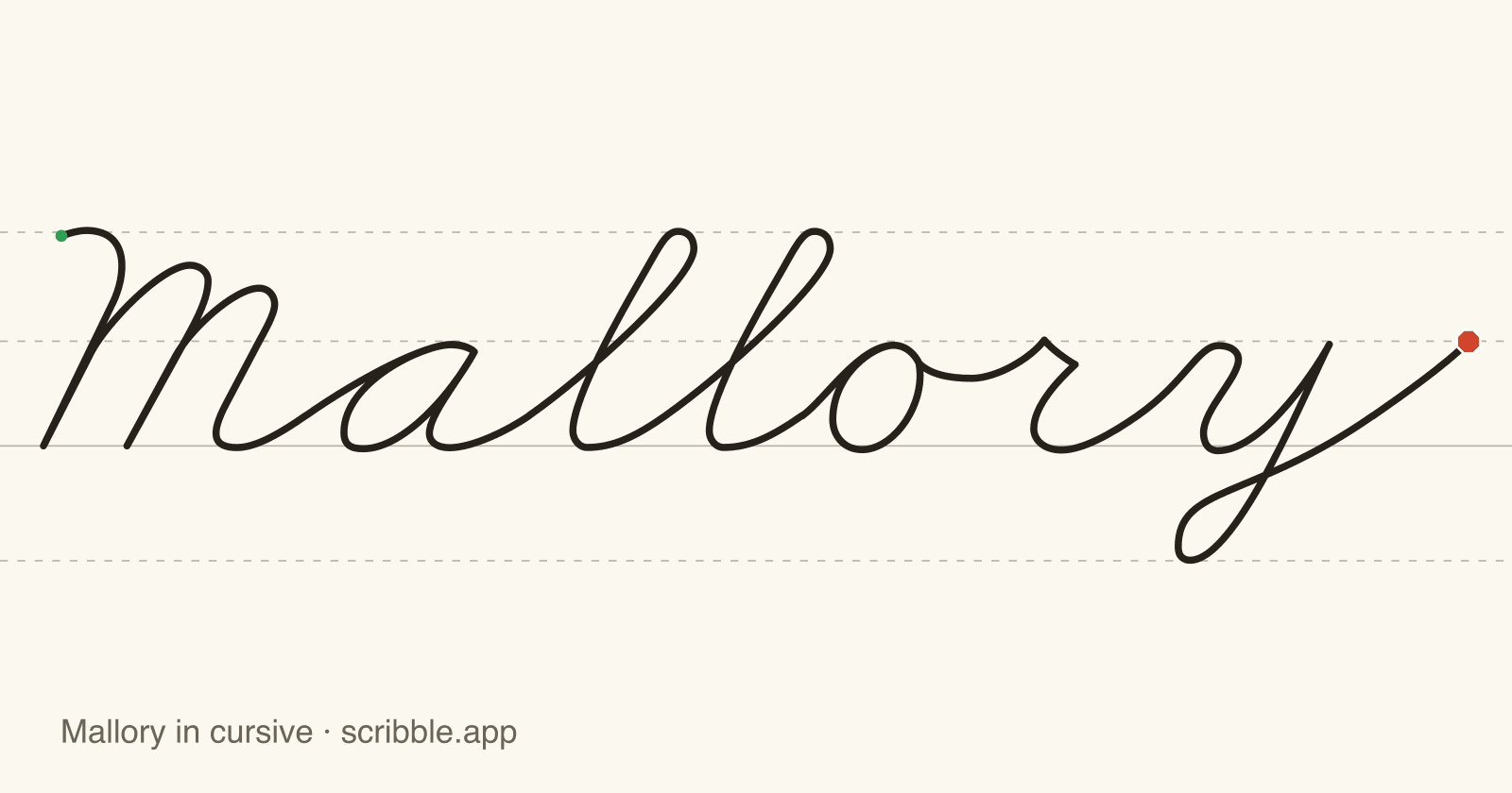 Mallory written in cursive on handwriting guidelines, with a green starting dot and a red stop sign