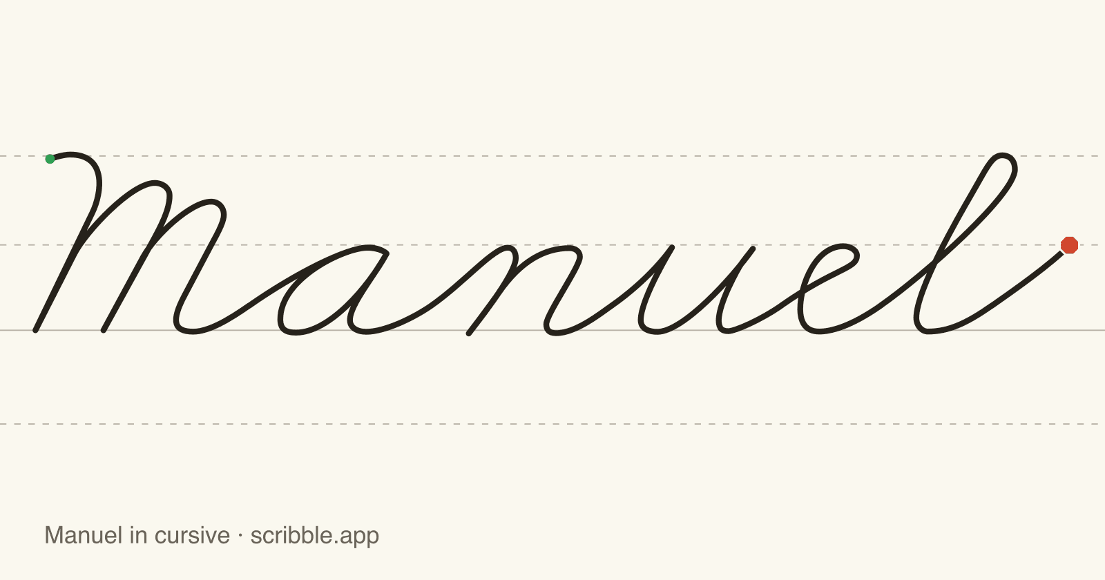 Manuel written in cursive on handwriting guidelines, with a green starting dot and a red stop sign
