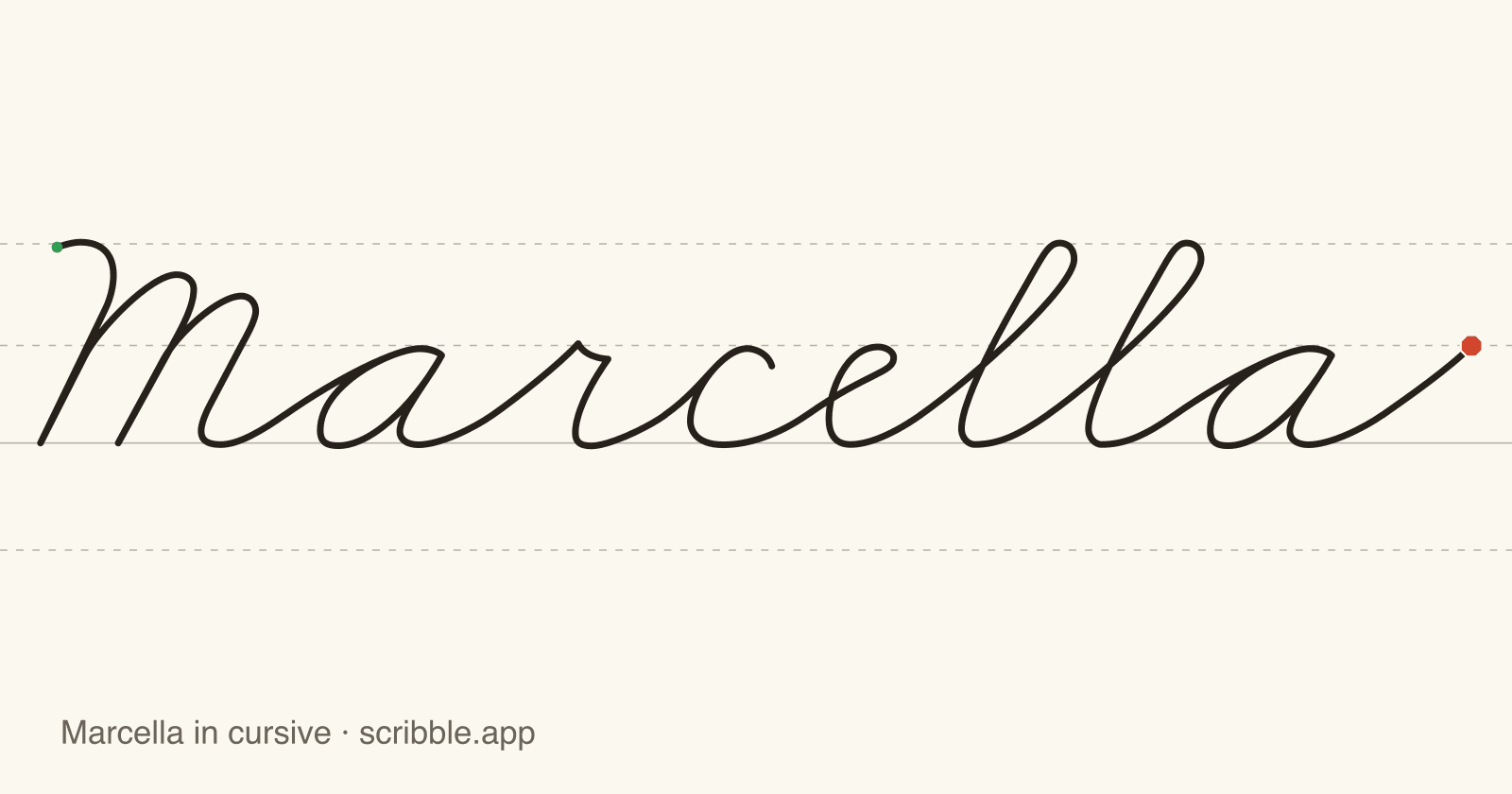 Marcella written in cursive on handwriting guidelines, with a green starting dot and a red stop sign