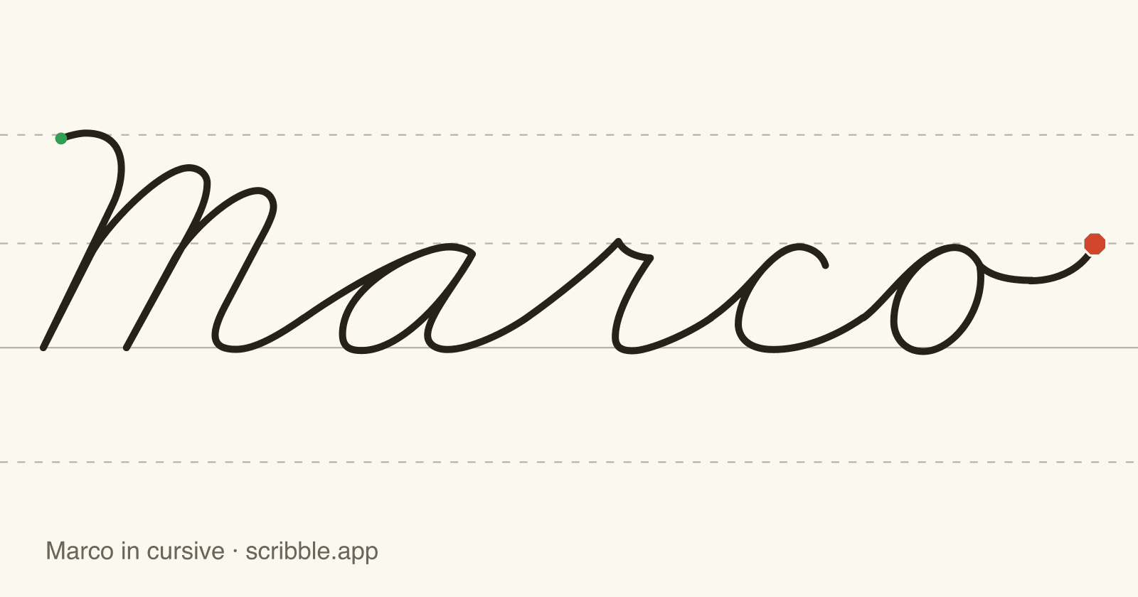 Marco written in cursive on handwriting guidelines, with a green starting dot and a red stop sign