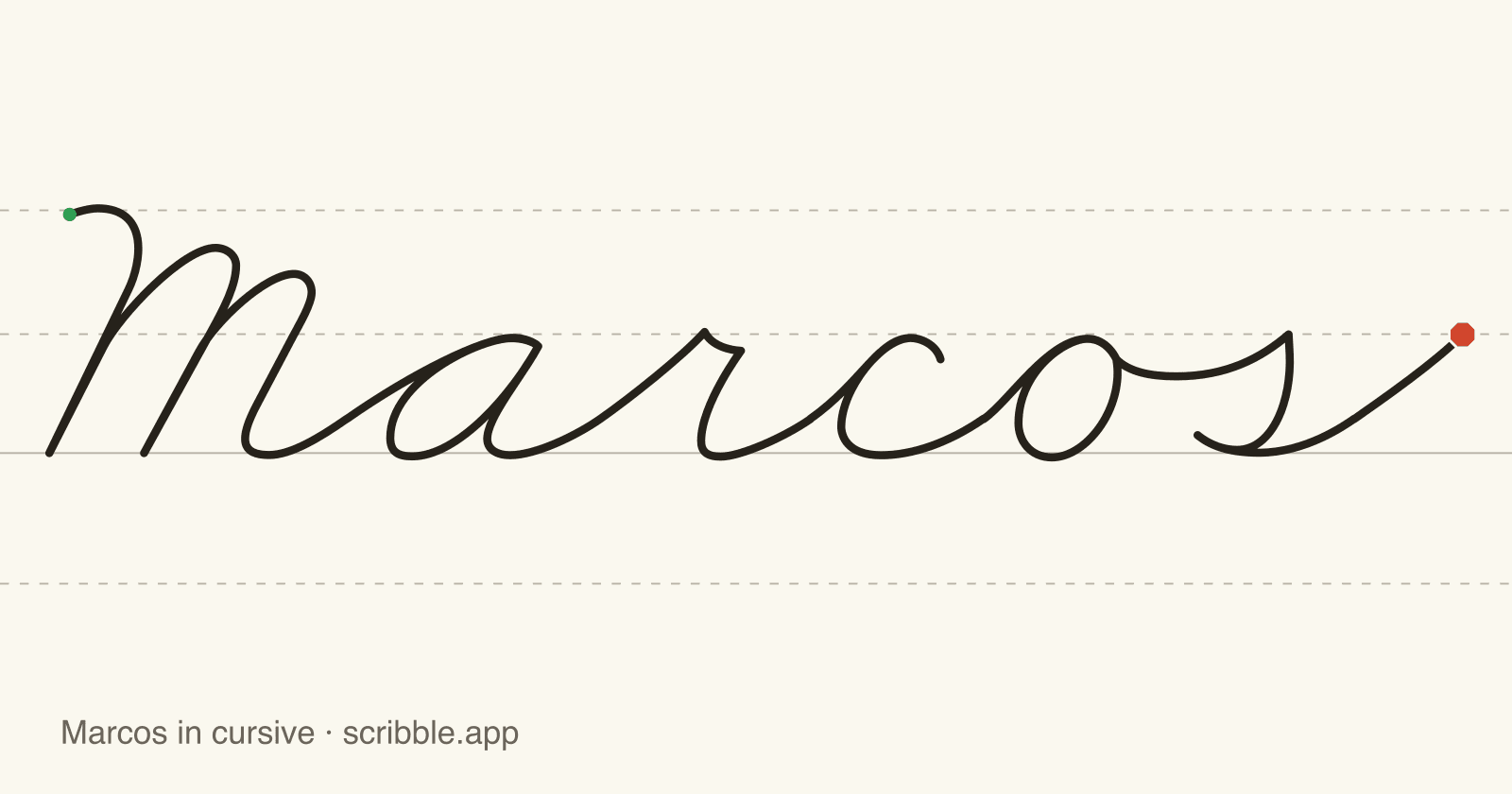 Marcos written in cursive on handwriting guidelines, with a green starting dot and a red stop sign