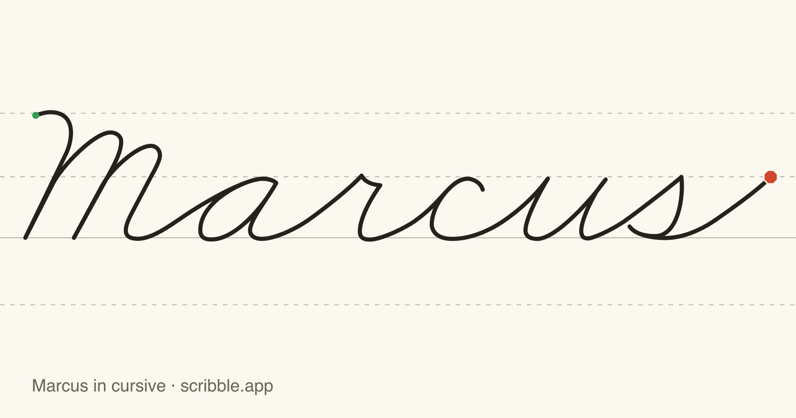 Marcus written in cursive on handwriting guidelines, with a green starting dot and a red stop sign
