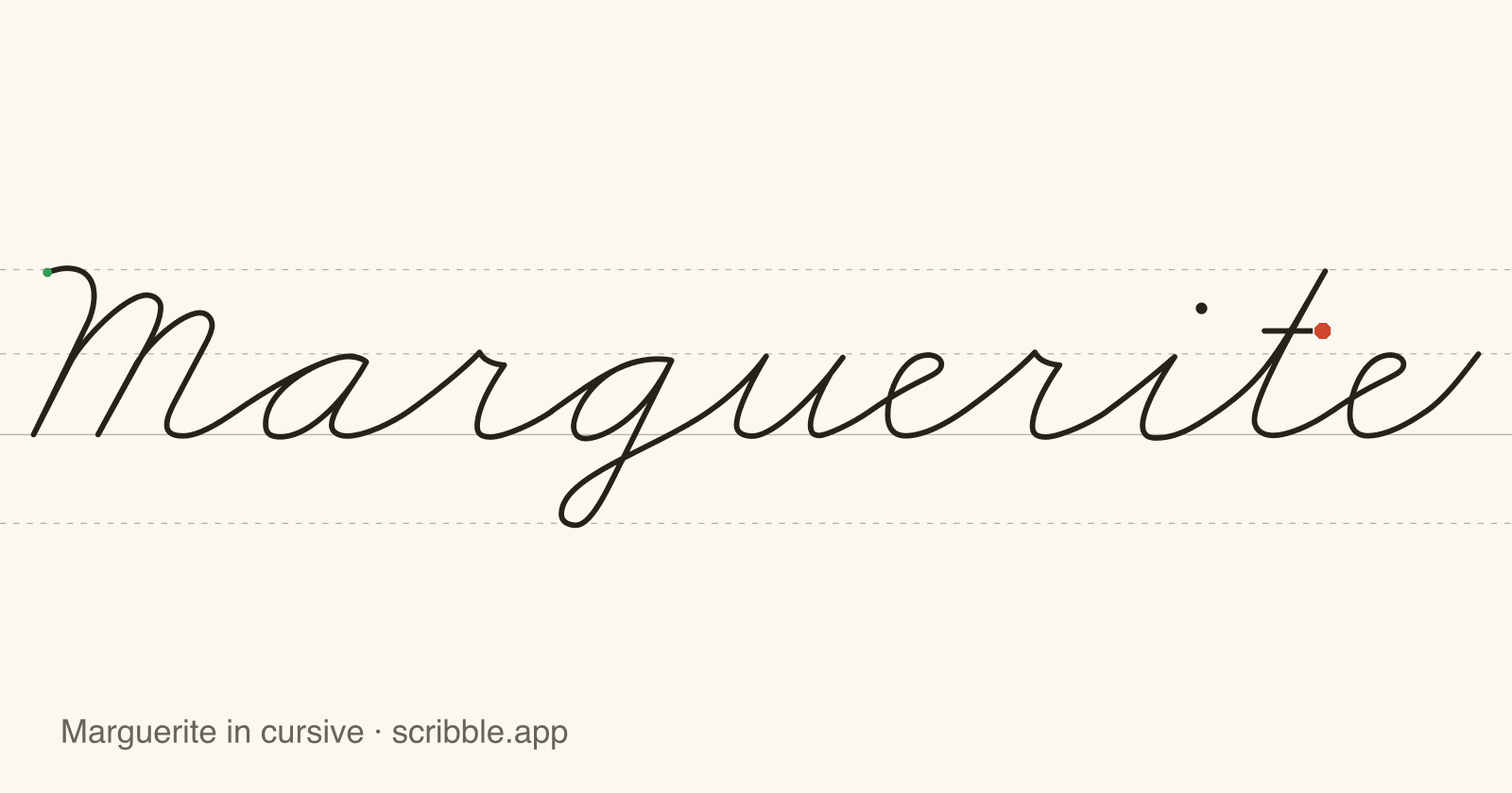 Marguerite written in cursive on handwriting guidelines, with a green starting dot and a red stop sign