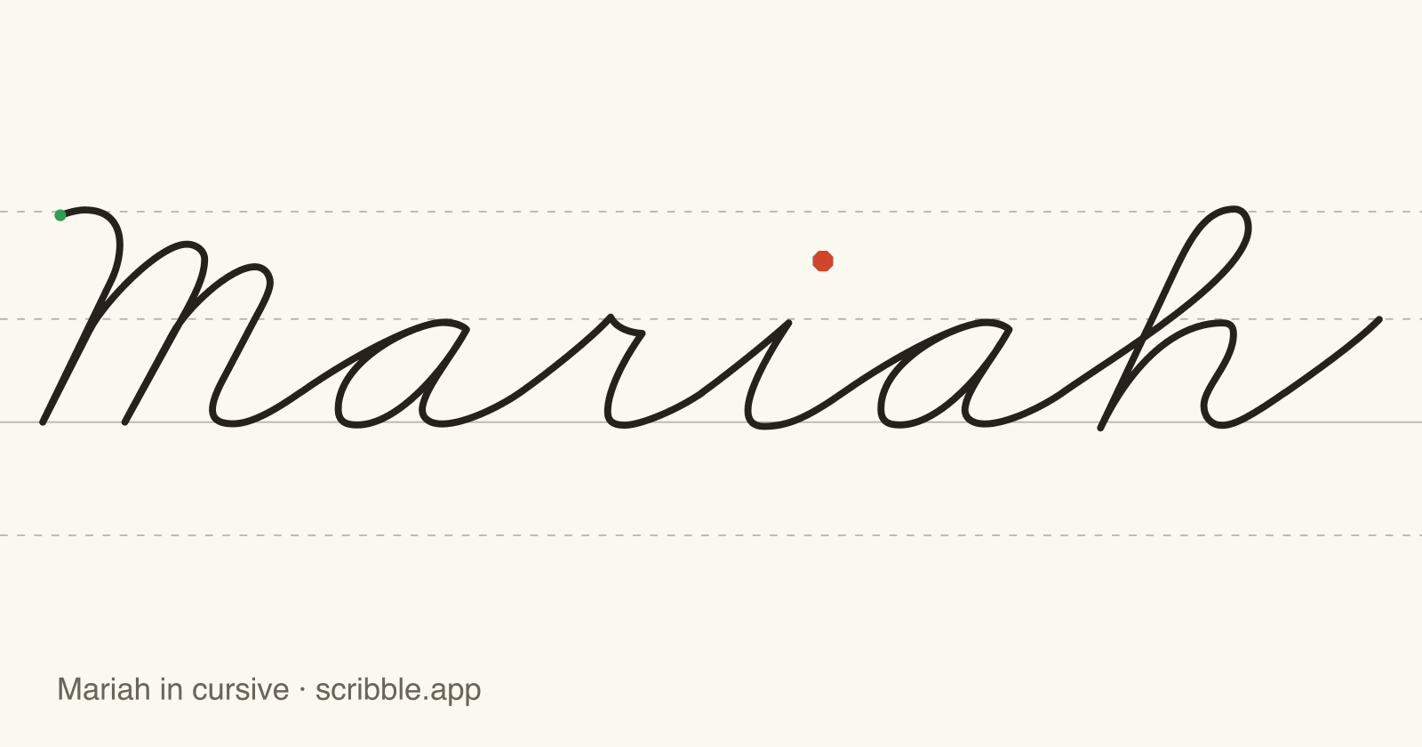 Mariah written in cursive on handwriting guidelines, with a green starting dot and a red stop sign