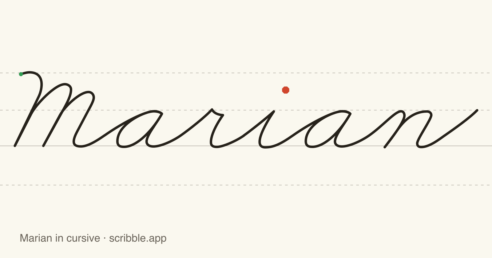Marian written in cursive on handwriting guidelines, with a green starting dot and a red stop sign