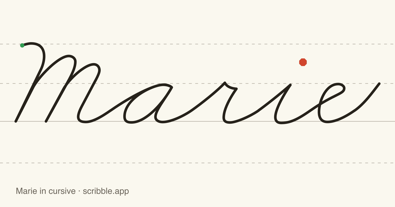 Marie written in cursive on handwriting guidelines, with a green starting dot and a red stop sign