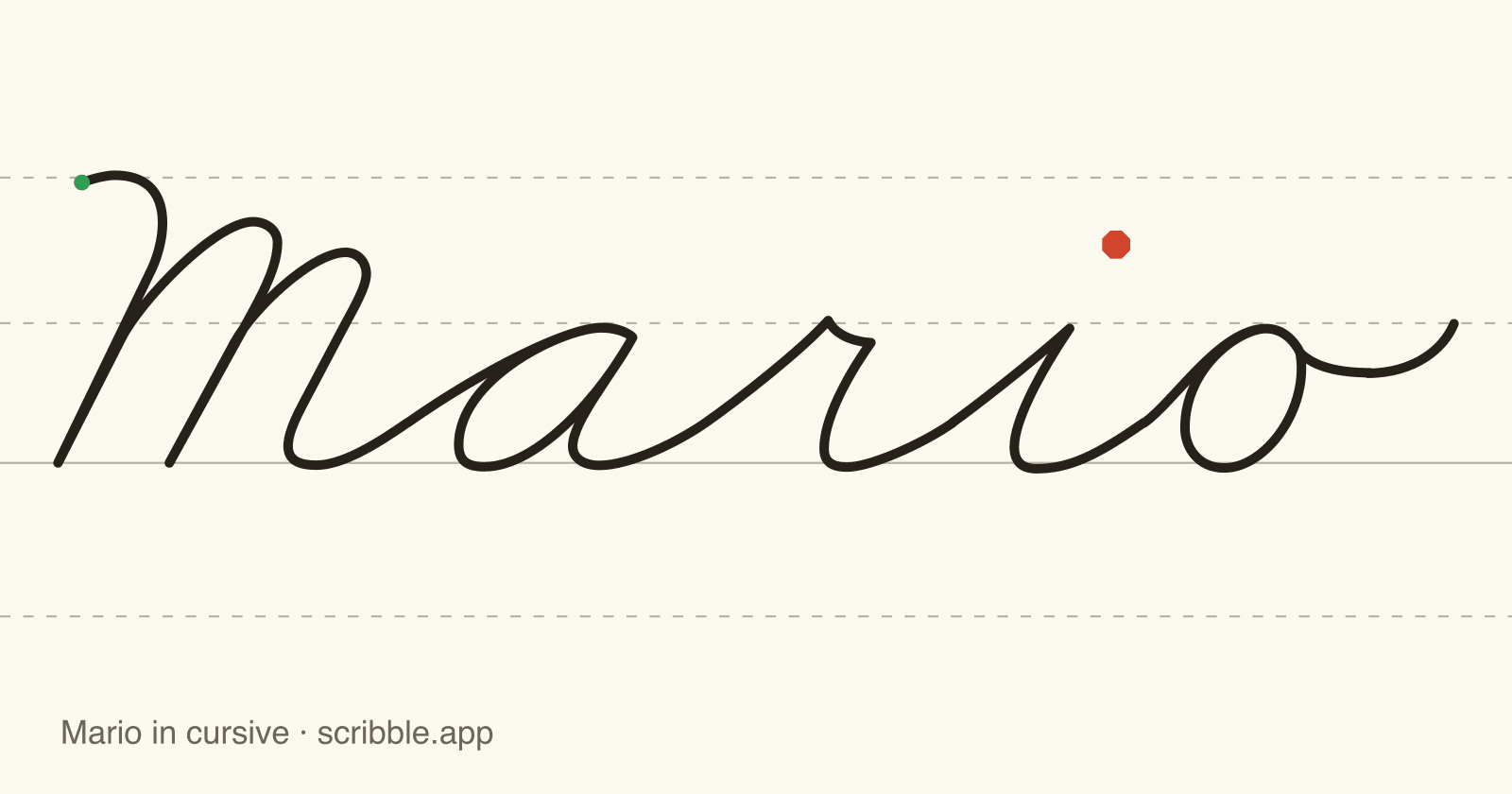 Mario written in cursive on handwriting guidelines, with a green starting dot and a red stop sign