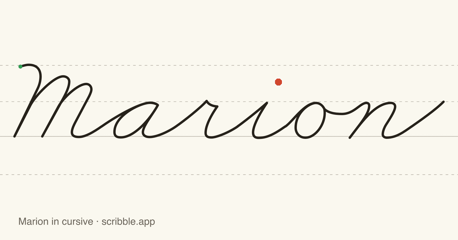 Marion written in cursive on handwriting guidelines, with a green starting dot and a red stop sign