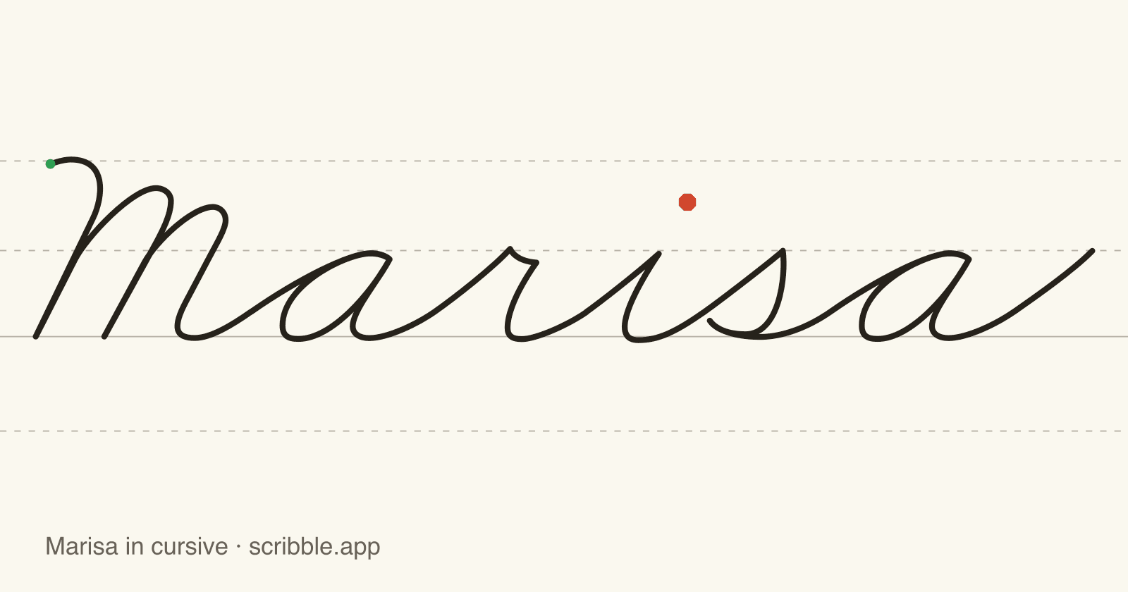 Marisa written in cursive on handwriting guidelines, with a green starting dot and a red stop sign