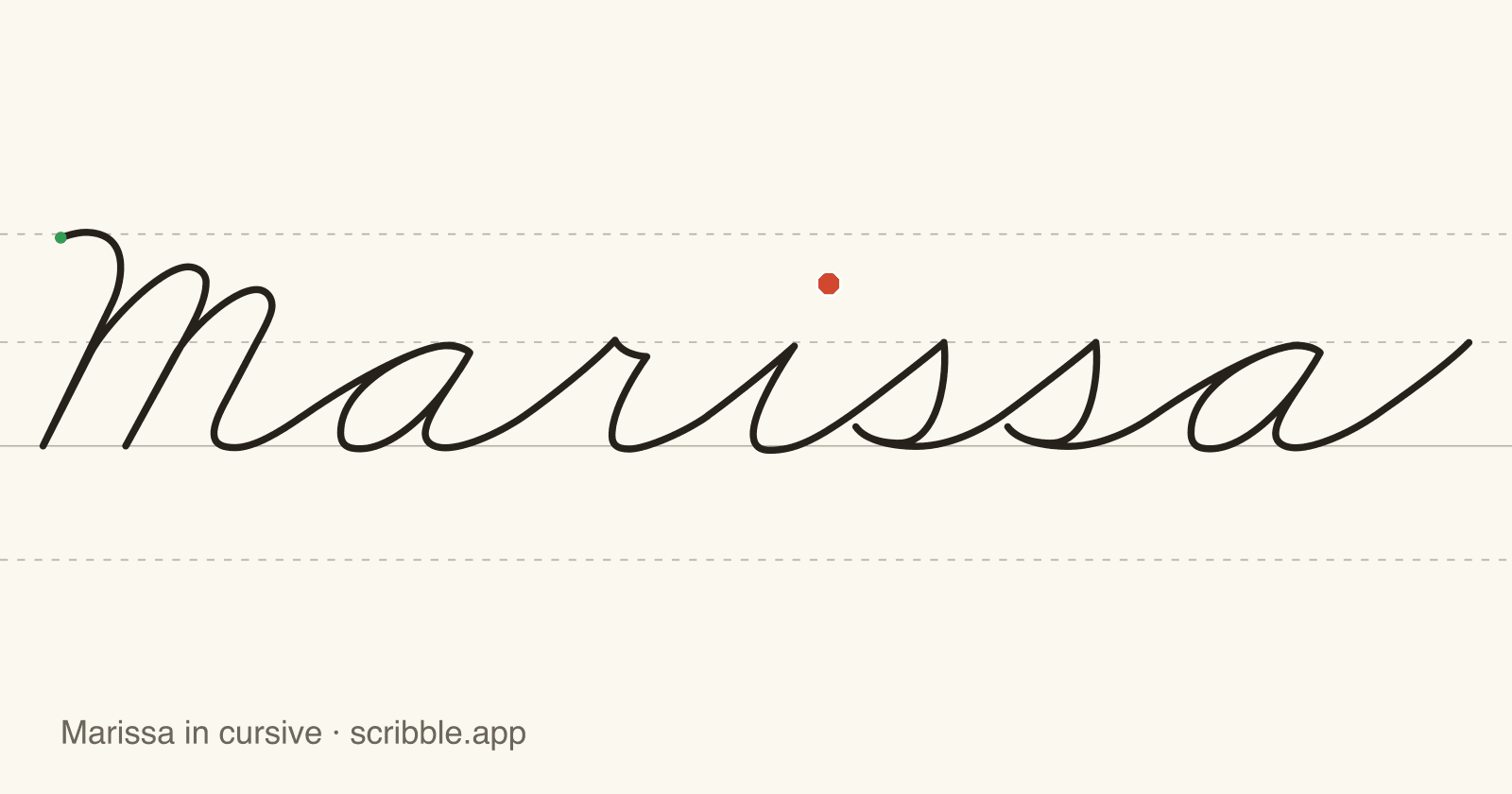 Marissa written in cursive on handwriting guidelines, with a green starting dot and a red stop sign