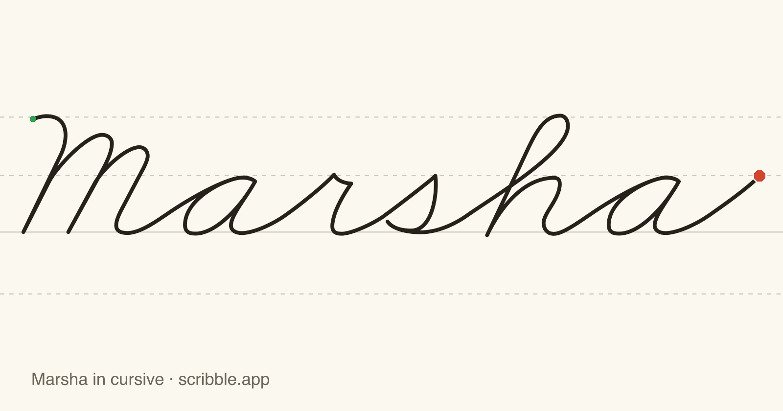 Marsha written in cursive on handwriting guidelines, with a green starting dot and a red stop sign