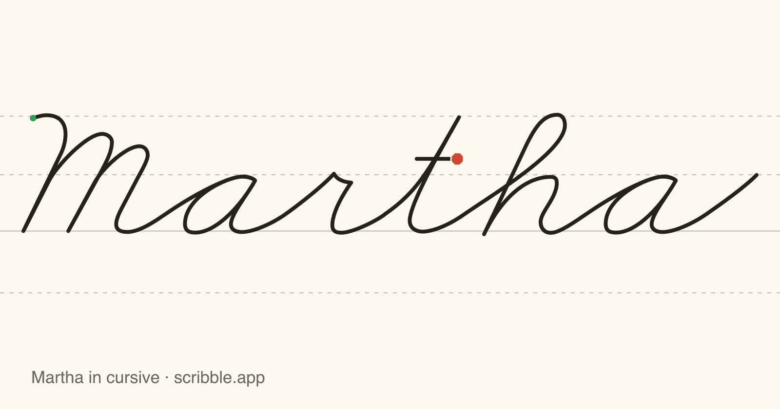 Martha written in cursive on handwriting guidelines, with a green starting dot and a red stop sign